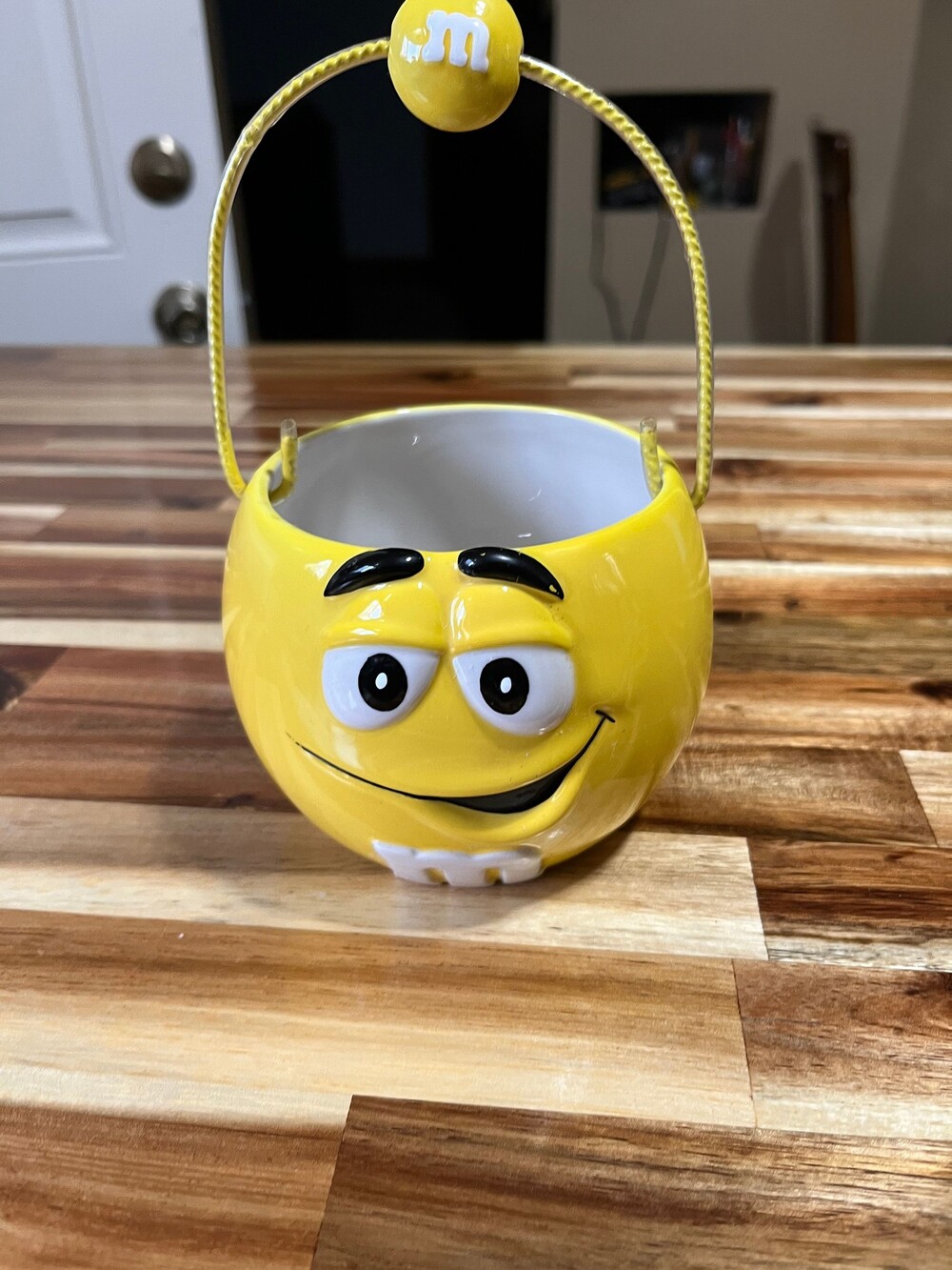 M&M Yellow Ceramic Candy Bucket with Handle Character Face